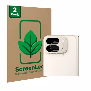 Vorderseite einer Produktverpackung mit dem Markenlogo ScreenLeaf. Daneben ist das Gerät Google Pixel 9 Pro Fold (NUR Kamerasc