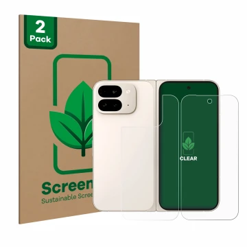 Vorderseite einer Produktverpackung mit dem Markenlogo ScreenLeaf. Daneben ist das Gerät Google Pixel 9 Pro Fold (Display+Rück