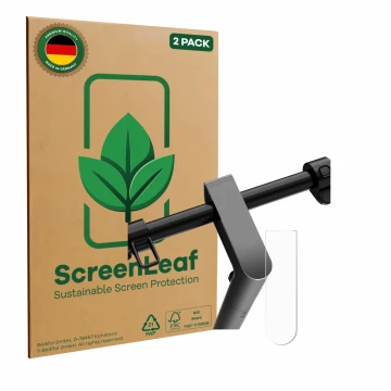 Vorderseite einer Produktverpackung mit dem Markenlogo ScreenLeaf. Daneben ist das Gerät Navee S65 mit dem zugehörigen Display