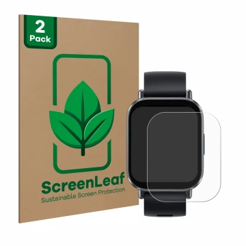 Vorderseite einer Produktverpackung mit dem Markenlogo ScreenLeaf. Daneben ist das Gerät Xiaomi Redmi Watch 5 Active mit dem z
