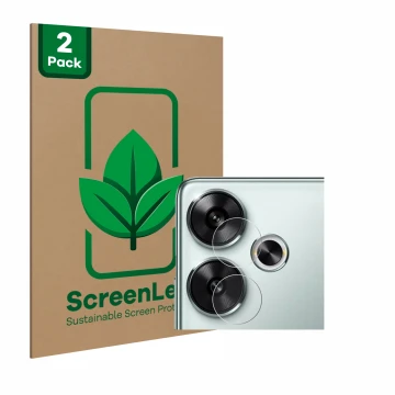 Vorderseite einer Produktverpackung mit dem Markenlogo ScreenLeaf. Daneben ist das Gerät Xiaomi Poco F6 (nur Kameraschutz) mit