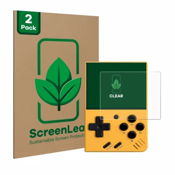 Vorderseite einer Produktverpackung mit dem Markenlogo ScreenLeaf. Daneben ist das Gerät Miyoo Mini V4 mit dem zugehörigen Dis