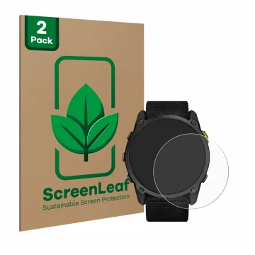 Vorderseite einer Produktverpackung mit dem Markenlogo ScreenLeaf. Daneben ist das Gerät Garmin Enduro 3 mit dem zugehörigen D
