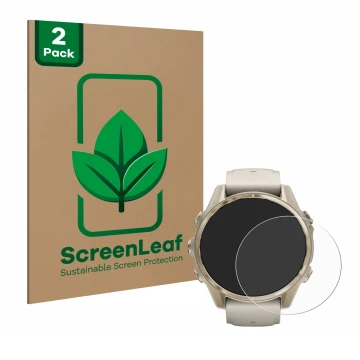 Vorderseite einer Produktverpackung mit dem Markenlogo ScreenLeaf. Daneben ist das Gerät Garmin Fenix 8 (43 mm) mit dem zugehö