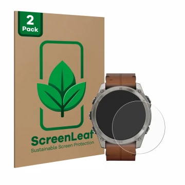 Vorderseite einer Produktverpackung mit dem Markenlogo ScreenLeaf. Daneben ist das Gerät Garmin Fenix 8 AMOLED (51 mm) mit dem