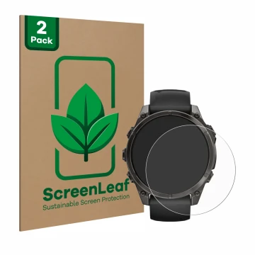 Vorderseite einer Produktverpackung mit dem Markenlogo ScreenLeaf. Daneben ist das Gerät Garmin Fenix 8 AMOLED (47 mm) mit dem