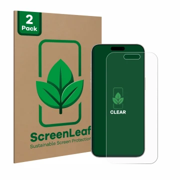 Vorderseite einer Produktverpackung mit dem Markenlogo ScreenLeaf. Daneben ist das Gerät Apple iPhone 16 Pro mit dem zugehörig
