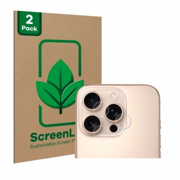Vorderseite einer Produktverpackung mit dem Markenlogo ScreenLeaf. Daneben ist das Gerät Apple iPhone 16 Pro (NUR Kameraschutz