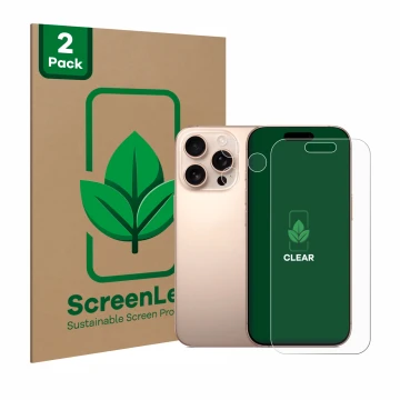 Vorderseite einer Produktverpackung mit dem Markenlogo ScreenLeaf. Daneben ist das Gerät Apple iPhone 16 Pro (Display+Kamera) 