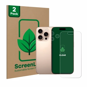 Vorderseite einer Produktverpackung mit dem Markenlogo ScreenLeaf. Daneben ist das Gerät Apple iPhone 16 Pro Max (Display+Kame