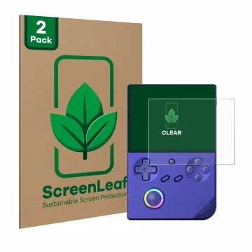 Vorderseite einer Produktverpackung mit dem Markenlogo ScreenLeaf. Daneben ist das Gerät Anbernic RG40XXV mit dem zugehörigen 