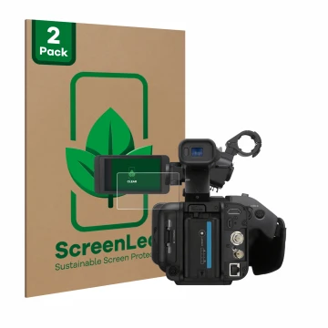 Vorderseite einer Produktverpackung mit dem Markenlogo ScreenLeaf. Daneben ist das Gerät Sony PXW-Z200 mit dem zugehörigen Dis