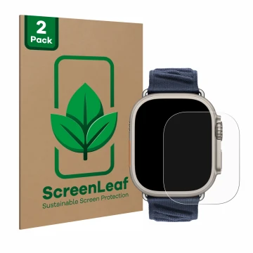 Vorderseite einer Produktverpackung mit dem Markenlogo ScreenLeaf. Daneben ist das Gerät Apple Watch Hermès Ultra 2 mit dem zu