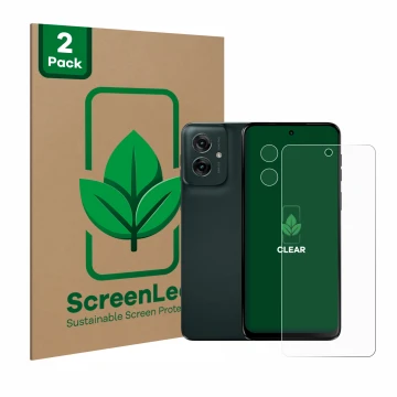 Vorderseite einer Produktverpackung mit dem Markenlogo ScreenLeaf. Daneben ist das Gerät Motorola Moto G55 (Display+Kamera) mi