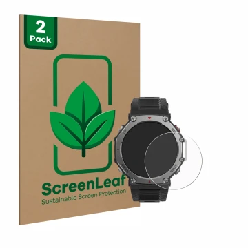 Vorderseite einer Produktverpackung mit dem Markenlogo ScreenLeaf. Daneben ist das Gerät Huami Amazfit T-Rex 3 mit dem zugehör