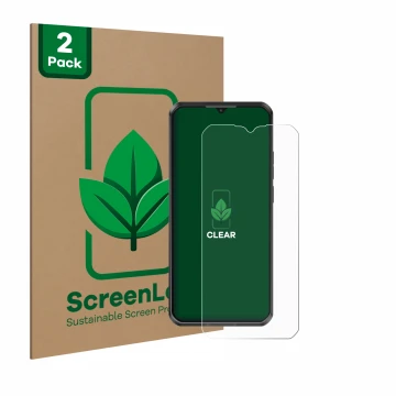 Vorderseite einer Produktverpackung mit dem Markenlogo ScreenLeaf. Daneben ist das Gerät Oukitel WP50 mit dem zugehörigen Disp