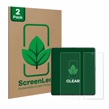 Vorderseite einer Produktverpackung mit dem Markenlogo ScreenLeaf. Daneben ist das Gerät Honor Magic V3 (inneres Display) mit 
