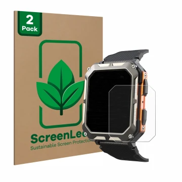 Vorderseite einer Produktverpackung mit dem Markenlogo ScreenLeaf. Daneben ist das Gerät Findtime Smartwatch 1.83