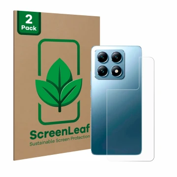 Vorderseite einer Produktverpackung mit dem Markenlogo ScreenLeaf. Daneben ist das Gerät Xiaomi 14T Pro (Rückseite) mit dem zu