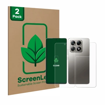 Vorderseite einer Produktverpackung mit dem Markenlogo ScreenLeaf. Daneben ist das Gerät Xiaomi 14T Pro (Display+Rückseite) mi