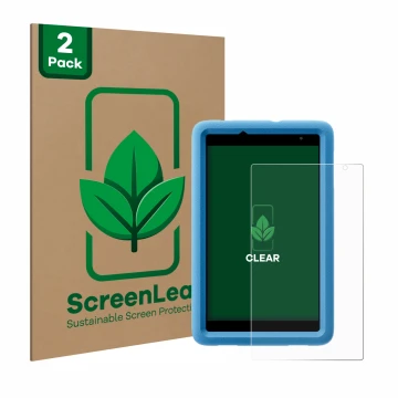 Vorderseite einer Produktverpackung mit dem Markenlogo ScreenLeaf. Daneben ist das Gerät Blackview Tab A5 Kids mit dem zugehör