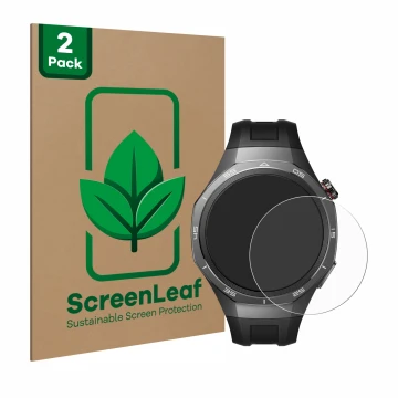 Vorderseite einer Produktverpackung mit dem Markenlogo ScreenLeaf. Daneben ist das Gerät Huawei Watch GT 5 Pro (46 mm) mit dem