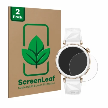 Vorderseite einer Produktverpackung mit dem Markenlogo ScreenLeaf. Daneben ist das Gerät Huawei Watch GT 5 Pro (42 mm) mit dem