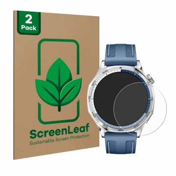 Vorderseite einer Produktverpackung mit dem Markenlogo ScreenLeaf. Daneben ist das Gerät Huawei Watch GT 5 (46 mm) mit dem zug