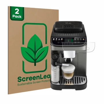 Vorderseite einer Produktverpackung mit dem Markenlogo ScreenLeaf. Daneben ist das Gerät DeLonghi Magnifica Evo Next mit dem z
