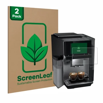 Vorderseite einer Produktverpackung mit dem Markenlogo ScreenLeaf. Daneben ist das Gerät Siemens EQ700 mit dem zugehörigen Dis