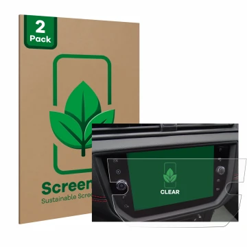 Vorderseite einer Produktverpackung mit dem Markenlogo ScreenLeaf. Daneben ist das Gerät Seat Arona FR Stereo BJ 2019 mit dem 