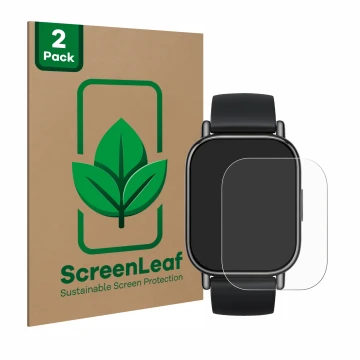 Vorderseite einer Produktverpackung mit dem Markenlogo ScreenLeaf. Daneben ist das Gerät Xiaomi Redmi Watch 5 Lite mit dem zug
