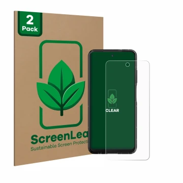 Vorderseite einer Produktverpackung mit dem Markenlogo ScreenLeaf. Daneben ist das Gerät HMD Fusion mit dem zugehörigen Displa