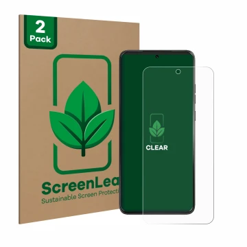 Vorderseite einer Produktverpackung mit dem Markenlogo ScreenLeaf. Daneben ist das Gerät Motorola ThinkPhone 25 mit dem zugehö