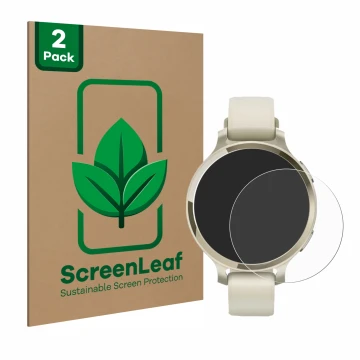 Vorderseite einer Produktverpackung mit dem Markenlogo ScreenLeaf. Daneben ist das Gerät Garmin Lily 2 Active mit dem zugehöri