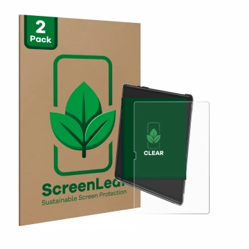 Vorderseite einer Produktverpackung mit dem Markenlogo ScreenLeaf. Daneben ist das Gerät Yestel T15 mit dem zugehörigen Displa