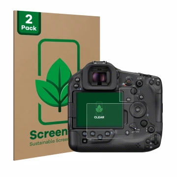 Vorderseite einer Produktverpackung mit dem Markenlogo ScreenLeaf. Daneben ist das Gerät Canon EOS R1 mit dem zugehörigen Disp
