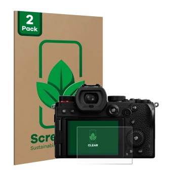 Vorderseite einer Produktverpackung mit dem Markenlogo ScreenLeaf. Daneben ist das Gerät Panasonic Lumix DC-S5D mit dem zugehö