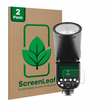 Vorderseite einer Produktverpackung mit dem Markenlogo ScreenLeaf. Daneben ist das Gerät Godox TT685 II mit dem zugehörigen Di