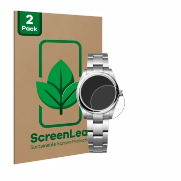 Vorderseite einer Produktverpackung mit dem Markenlogo ScreenLeaf. Daneben ist das Gerät Rolex Oyster Perpetual 31 mit dem zug