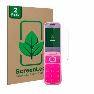 Vorderseite einer Produktverpackung mit dem Markenlogo ScreenLeaf. Daneben ist das Gerät HMD Barbie Phone mit dem zugehörigen 
