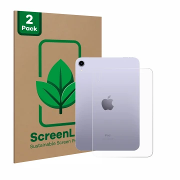 Vorderseite einer Produktverpackung mit dem Markenlogo ScreenLeaf. Daneben ist das Gerät Apple iPad Mini 7 WiFi 2024 (Rückseit