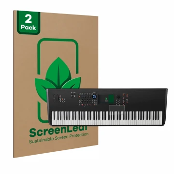 Vorderseite einer Produktverpackung mit dem Markenlogo ScreenLeaf. Daneben ist das Gerät Yamaha MODX8+ mit dem zugehörigen Dis