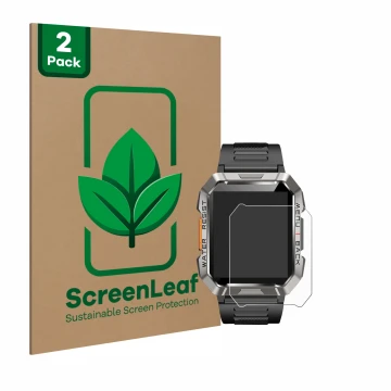 Vorderseite einer Produktverpackung mit dem Markenlogo ScreenLeaf. Daneben ist das Gerät Baolubao W60 mit dem zugehörigen Disp