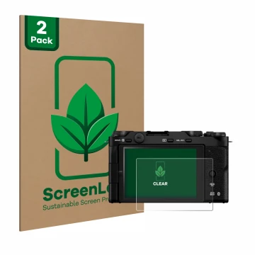 Vorderseite einer Produktverpackung mit dem Markenlogo ScreenLeaf. Daneben ist das Gerät Fujifilm X-M5 mit dem zugehörigen Dis