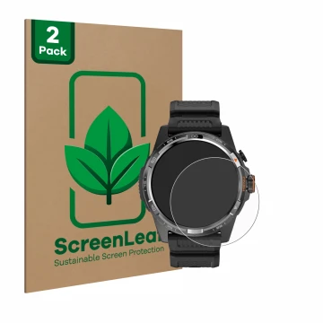 Vorderseite einer Produktverpackung mit dem Markenlogo ScreenLeaf. Daneben ist das Gerät Mobvoi Ticwatch Atlas mit dem zugehör