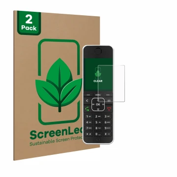 Vorderseite einer Produktverpackung mit dem Markenlogo ScreenLeaf. Daneben ist das Gerät AVM Fritz!Fon C6 Black mit dem zugehö