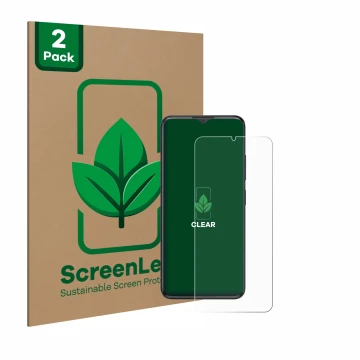 Vorderseite einer Produktverpackung mit dem Markenlogo ScreenLeaf. Daneben ist das Gerät ZTE Blade A34 mit dem zugehörigen Dis