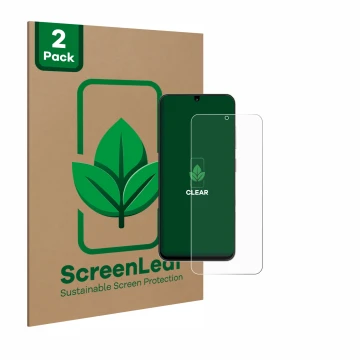 Vorderseite einer Produktverpackung mit dem Markenlogo ScreenLeaf. Daneben ist das Gerät ZTE Blade A35 mit dem zugehörigen Dis