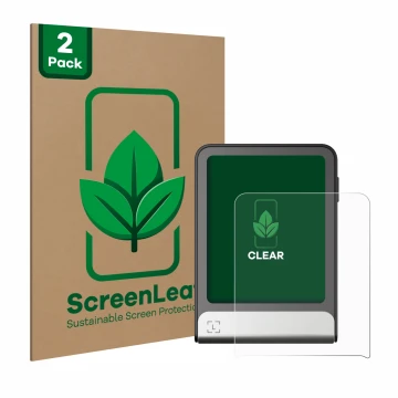 Vorderseite einer Produktverpackung mit dem Markenlogo ScreenLeaf. Daneben ist das Gerät Ledger Flex mit dem zugehörigen Displ